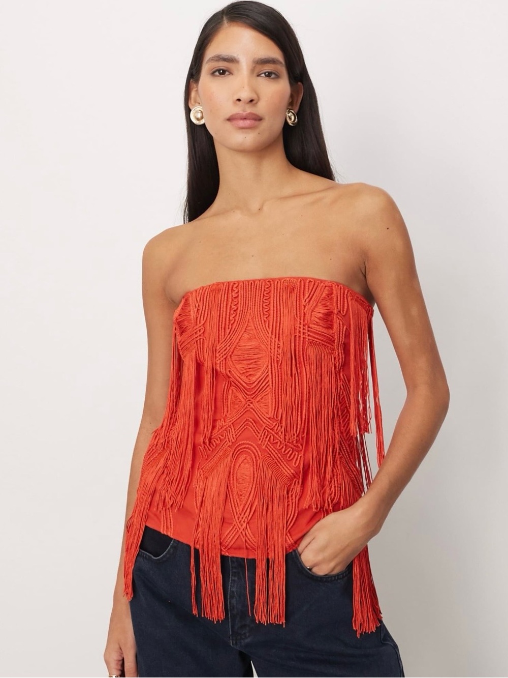 ASOS ARRANGE Strapless Fringe Knit Camisole in Red
